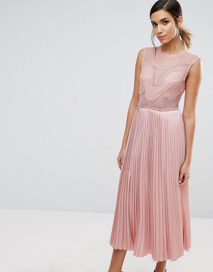 Three Floor Lace Detail Midi Dress With Plated Skirt And Thigh Split - Pink