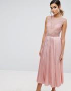 Three Floor Lace Detail Midi Dress With Plated Skirt And Thigh Split - Pink