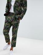 Asos Tapered Suit Pants In Green Botanical Print In Linen Look - Green