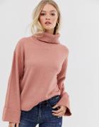 Vila Roll Neck Sweater With Wide Cuff - Pink