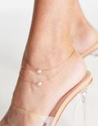 Designb London Multirow Anklet With Pearl In Gold Tone