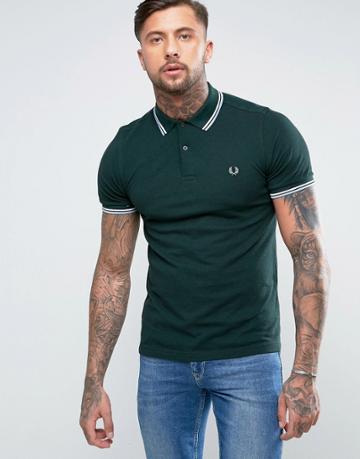 Fred Perry Slim Pique Polo Shirt Twin Tipped In Ivy Black Oxford - Green