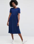 Asos Midi Smock Dress With Cut Out Back - Navy