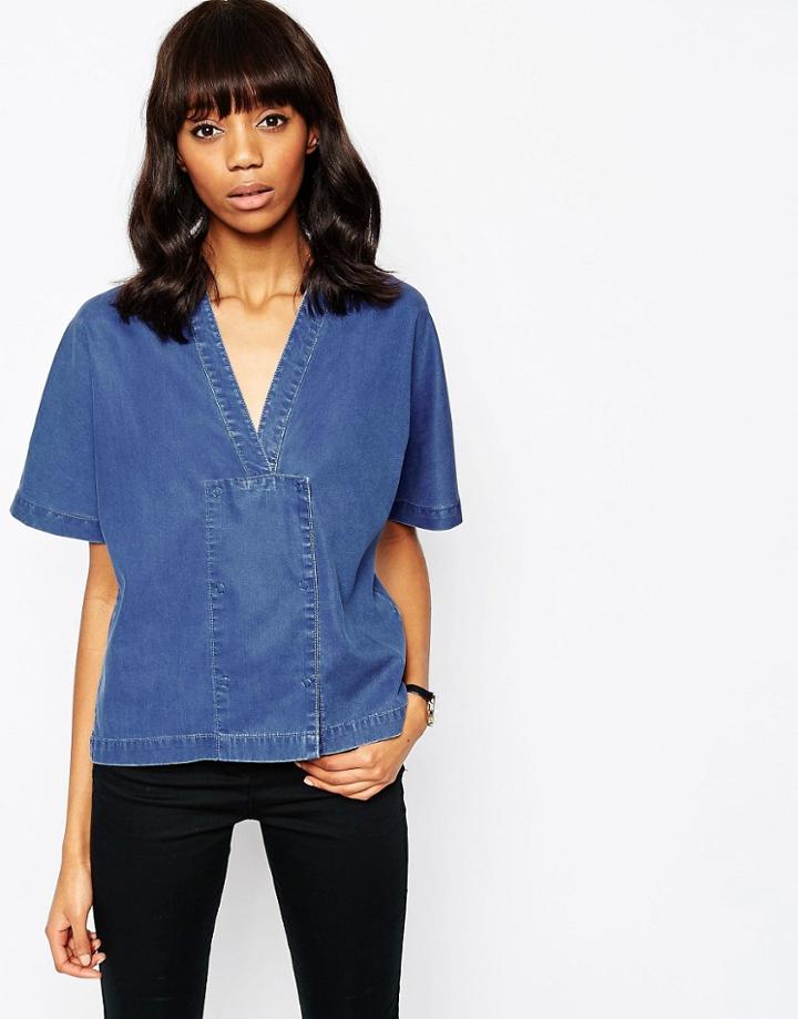 Asos Denim Premium Double Breasted Shirt With Concealed Poppers - Indigo