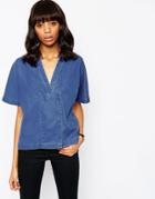 Asos Denim Premium Double Breasted Shirt With Concealed Poppers - Indigo