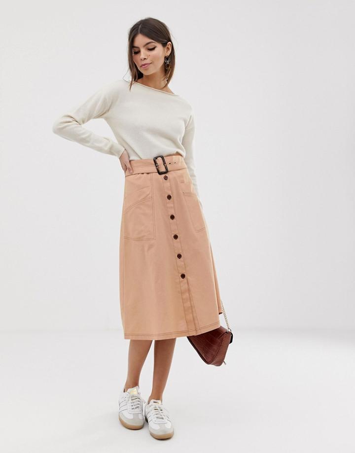 Asos Design Button Front Midi Skirt With Tortiose Shell Belt And Contrast Stitching - Stone