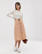 Asos Design Button Front Midi Skirt With Tortiose Shell Belt And Contrast Stitching - Stone