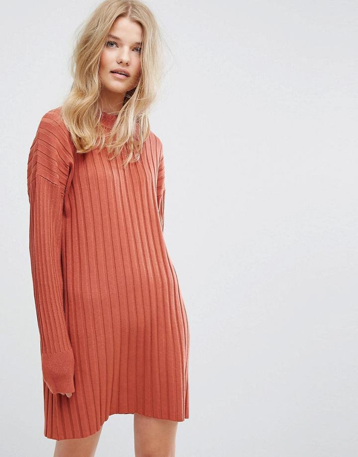 Weekday High Neck Knitted Rib Dress - Orange