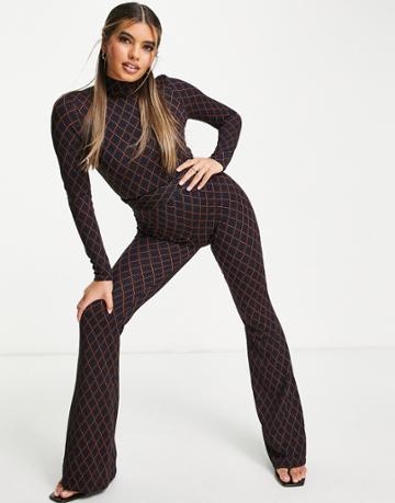 Asos Design Fit And Flare Jacquard Jumpsuit In Retro Geo Print-multi
