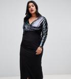 Outrageous Fortune Plus Sequin Plunge Front Maxi Dress With Wrap Skirt In Blue Glitter Contrast-multi