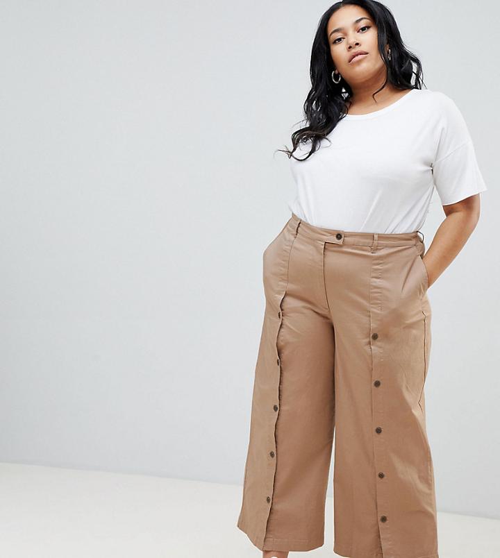 Asos Design Curve Wide Leg Pants With Button Front - Brown