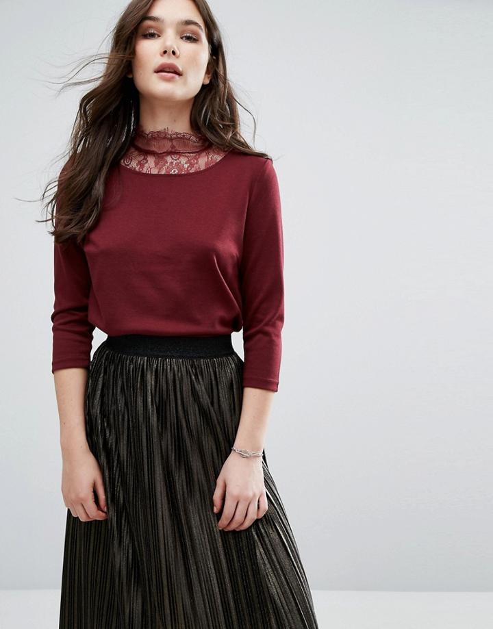 Vila Long Sleeve Top With Lace Detail - Red