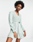 Miss Selfridge Shirred Poplin Wrap Mini Dress In Sage-green