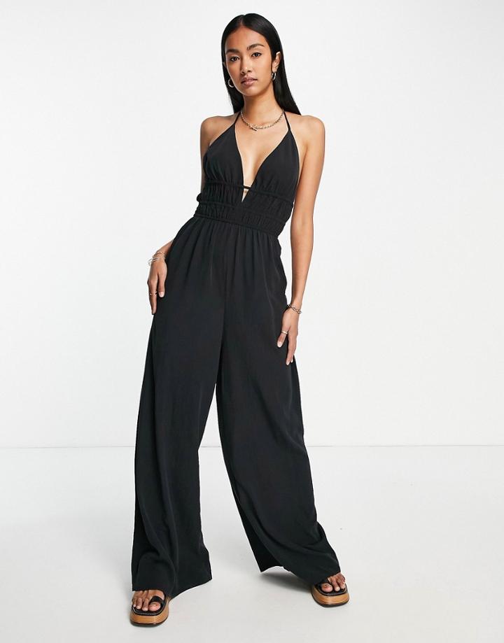 Topshop Plisse Full Length Jumpsuit In Black-green