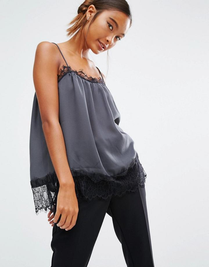 First & I Lace Trim Cami Top - Gray