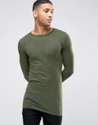 Asos Longline Crew Neck Sweater In Muscle Fit - Green