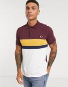 Fred Perry Color Block Panel Polo In Burgundy/white