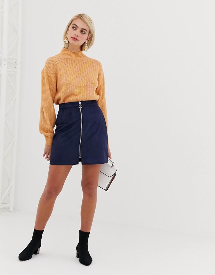 Vero Moda Faux Suede Zip Front Mini Skirt In Navy