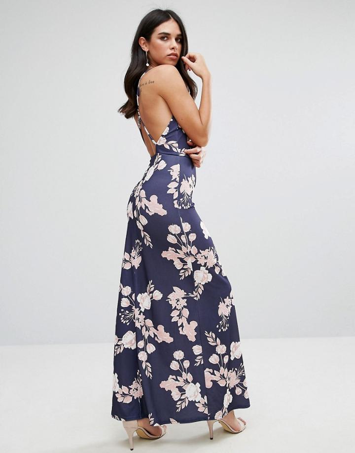Oh My Love Maxi Dress With Open Back In Floral Print - Navy