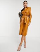 Asos Design Pu Shirt Culotte Jumpsuit In Camel-white