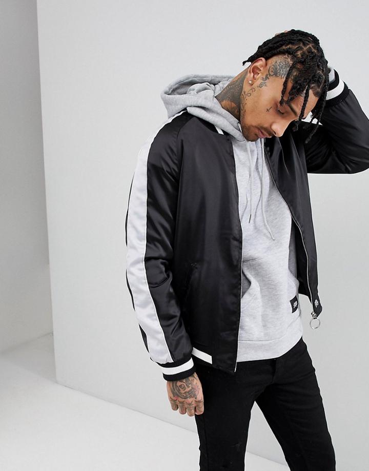 Sixth June Satin Bomber In Black With Side Stripe - Black