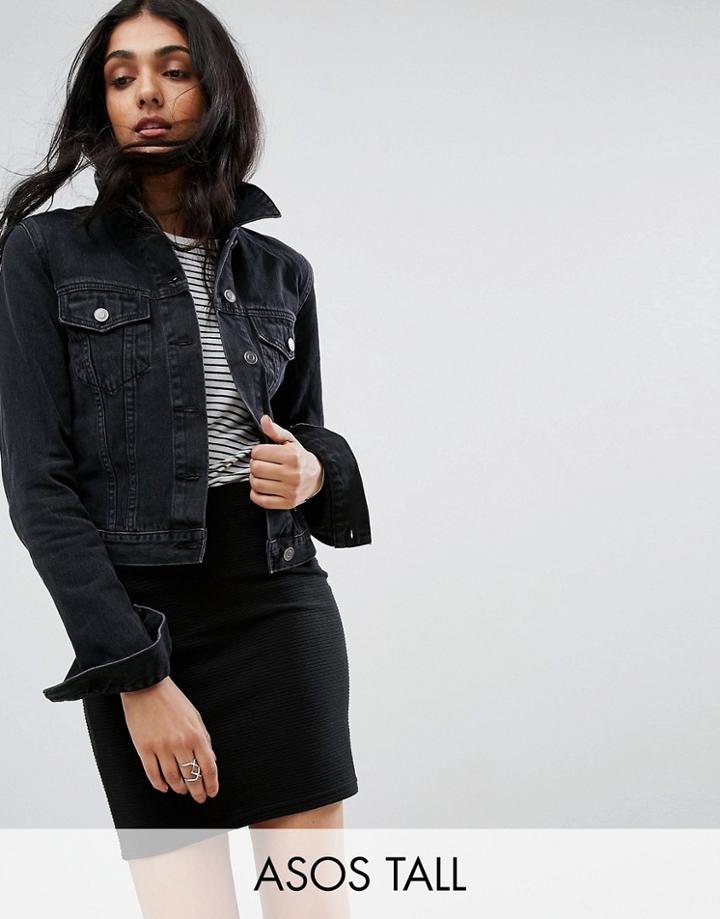 Asos Tall Denim Shrunken Jacket In Washed Black - Black