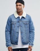 Asos Denim Jacket With Fleece Collar In Mid Wash - Blue