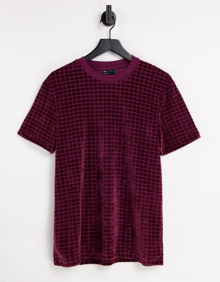 Asos Design T-shirt In Burgundy Grid Velour-red