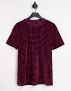 Asos Design T-shirt In Burgundy Grid Velour-red