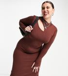 Asos Design Curve Fine Knit Cutout Midi Dress With Ribbed Sleeves And Thumbholes-brown