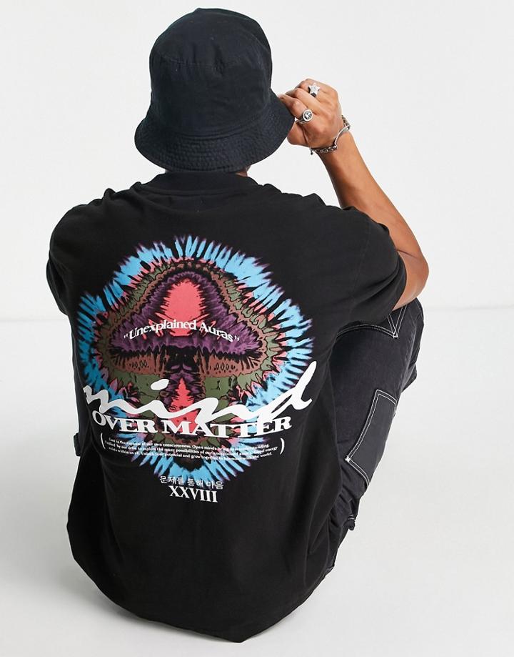 Topman Oversized T-shirt With Front And Back Mushroom Print In Washed Black