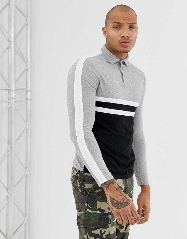 Asos Design Organic Long Sleeve Polo Shirt With Body And Sleeve Color Block In Black - Black