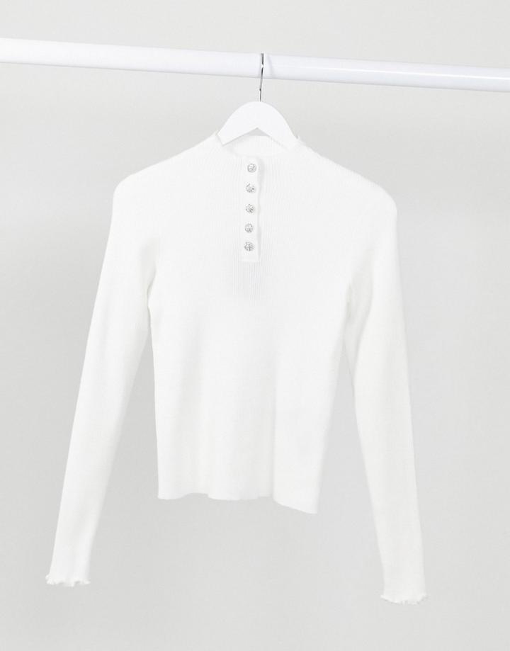 Vero Moda Ribbed Top With Diamante Buttons In White