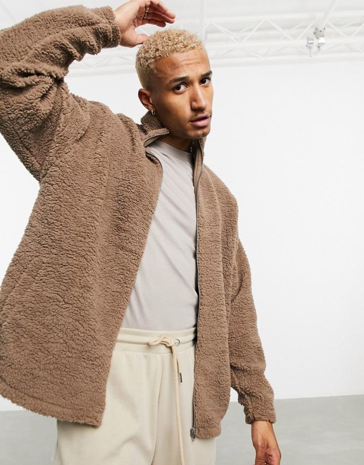 Asos Design Oversized Track Top In Brown Teddy Borg-neutral