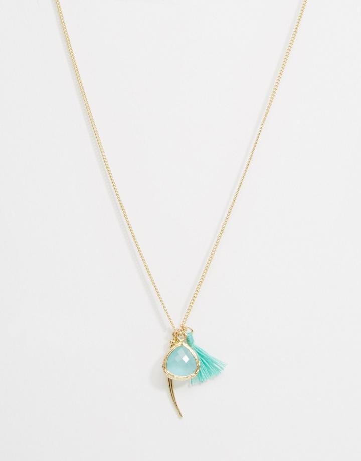 Orelia Semi Precious Stone Tusk & Tassel Necklace - Turquoise