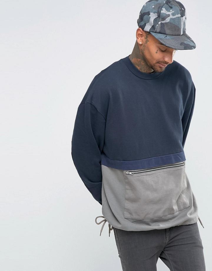 Asos Extreme Oversized Sweatshirt With Color Block & Zip Pocket - Navy