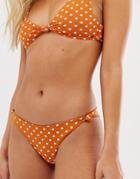 Pull & Bear Pacific Polka Dot Knot Side Bikini Bottom In Brown - Brown