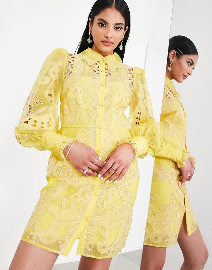 Asos Edition Embroidered Organza Mini Shirt Dress In Yellow