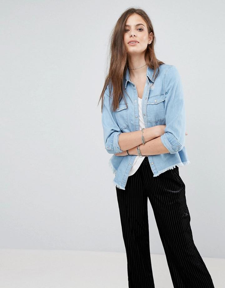 Noisy May Cathy Uneven Repair Denim Shirt - Blue