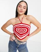 Daisy Street Halter Neck Crop Top In Retro Heart Crochet-pink