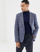 Asos Design Slim Crop Blazer With Blue Check In Wool Mix - Blue