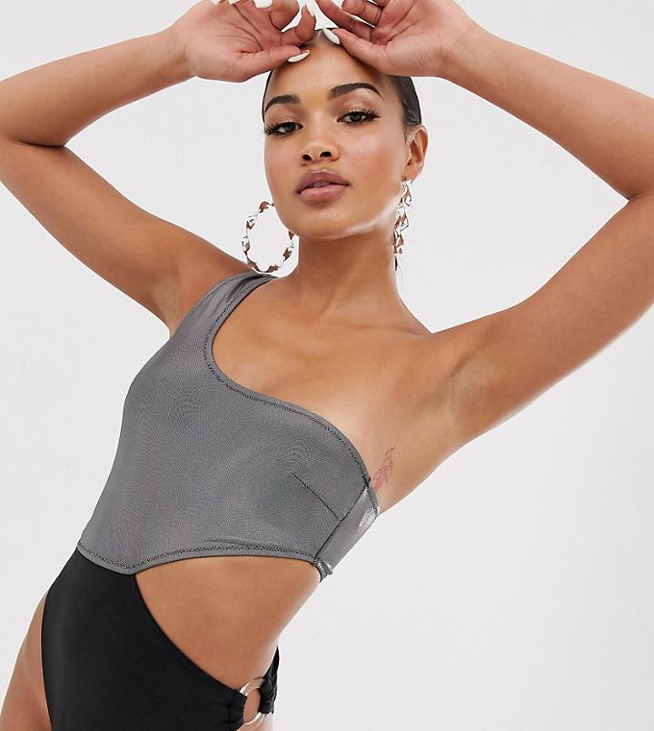 South Beach Exclusive Cut Out Color Block Swimsuit In Metallic-black