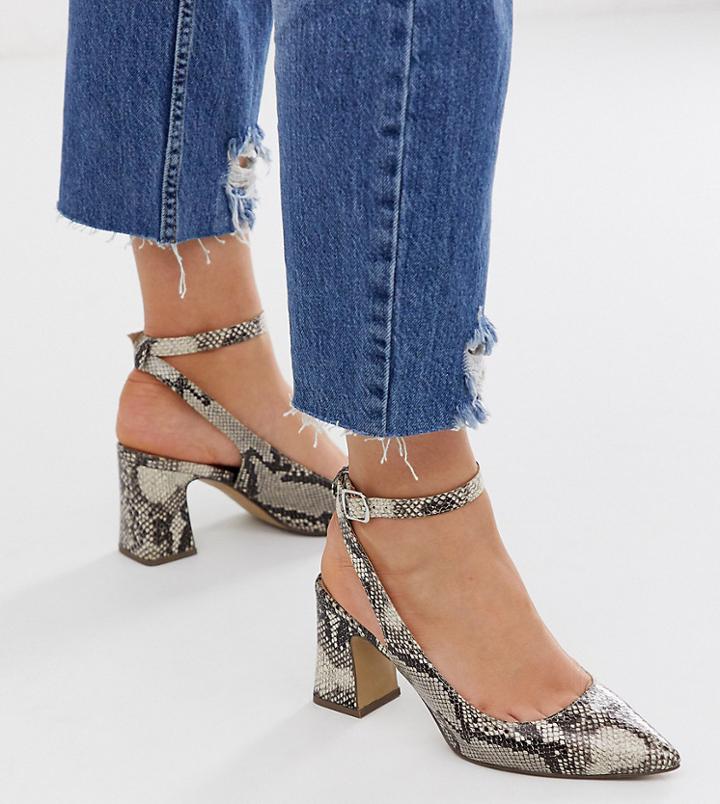New Look Wide Fit Pointed Block Heel Pumps In Snake Print - Pink