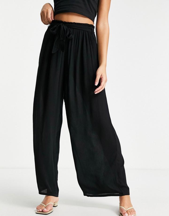 Asos Design Tie Waist Palazzo Beach Pants In Black
