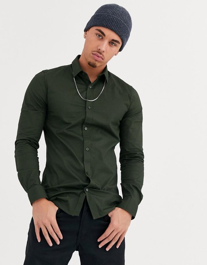 Only & Sons Slim Fit Stretch Poplin Shirt In Green