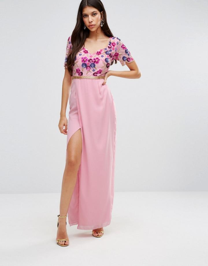Virgos Lounge Bella Maxi Dress With Embroidered Bodice And Slit - Pink