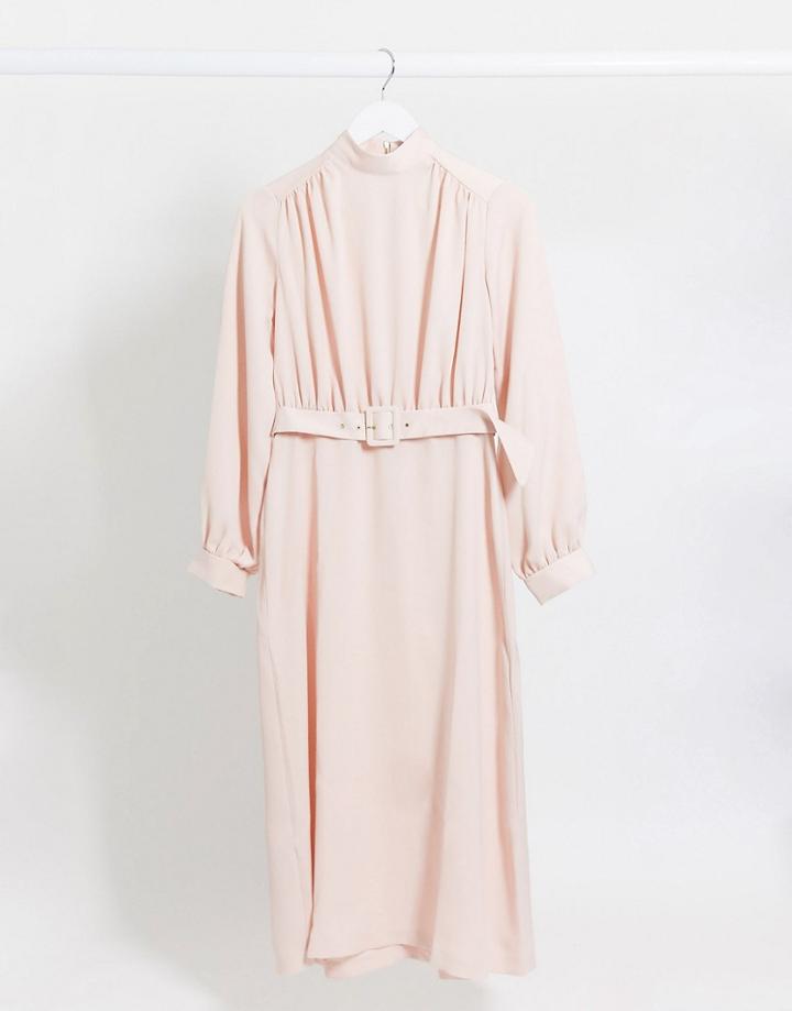 Closet London High Neck Belted Midi Dress In Mink-pink
