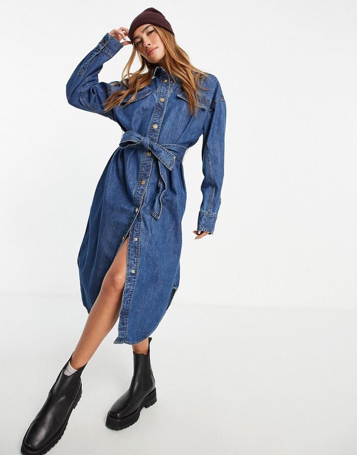 River Island Belted Denim Midi Shirt Dress In Mid Blue-blues