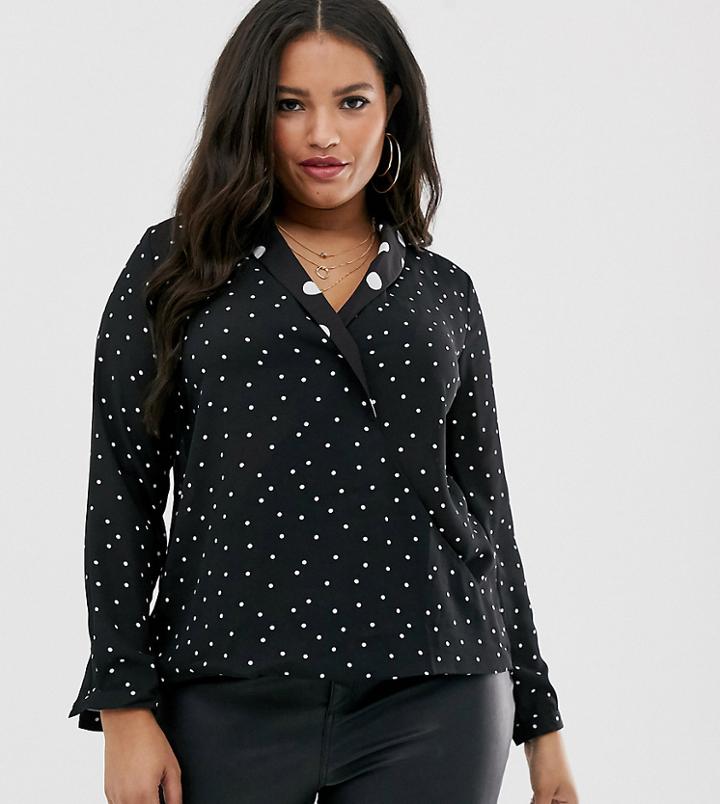 Simply Be V Neck Blouse In Black Polka Dot