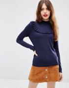 Asos Sweater With Ruffle Front - Navy